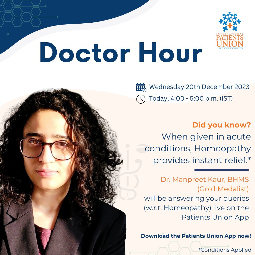 patientsunion's tweet photo. Join the #DoctorHour happening today at 4 p.m. (IST) on the #PatientsUnion App &amp; ask your queries regarding #Homeopathy. 

Download the #Patients Union App now!

Google Play Store - https://t.co/JkkwXvoCtO
Apple App Store - https://t.co/hC5wP8SfLm

#GivingBackToSociety https://t.co/ceIokKBilr