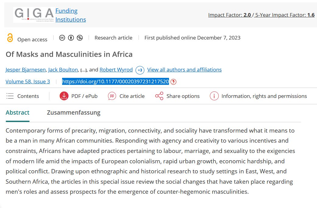 Africa Spectrum (@africaspectrum) on Twitter photo 📢Our last issue of 2023 is out!
It's a special issue titled "Of Masks and Masculinities in Africa". Guest edited by <a href="/BridgesFromBKO/">Bridges from Bamako</a>.
Read the stimulating issue introduction here: doi.org/10.1177/000203….
Thread 🧵 📢Our last issue of 2023 is out!
It's a special issue titled "Of Masks and Masculinities in Africa". Guest edited by <a href="/BridgesFromBKO/">Bridges from Bamako</a>.
Read the stimulating issue introduction here: doi.org/10.1177/000203….
Thread 🧵