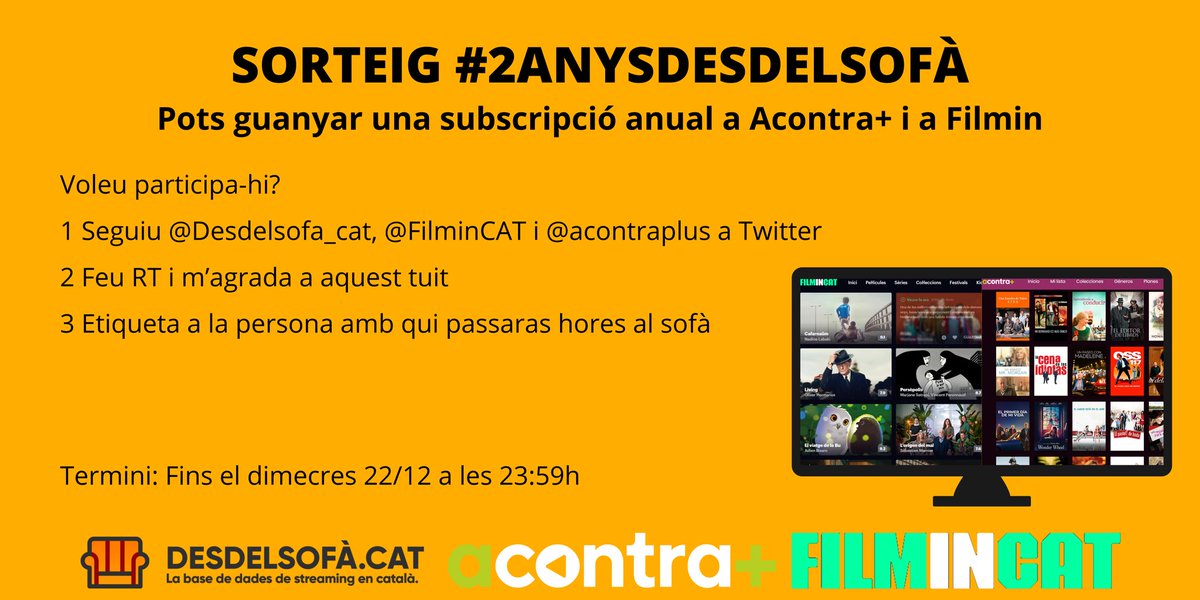 Desdelsofa_cat's tweet photo. 🍀 SORTEIG #2Anysdesdelsofà🍀

Voleu una subscripció anual a @Filmin i @acontraplus? 👇

1️⃣ Seguiu @Desdelsofa_cat @FilminCAT i @acontraplus
2️⃣ Feu RT 🔄 i m'agrada ❤️ al tuit
3️⃣ Etiqueteu a la persona amb qui us passareu moltes hores al sofà

ℹ️ Bases https://t.co/tAwhUTtGm0 https://t.co/2hozbNHzDt