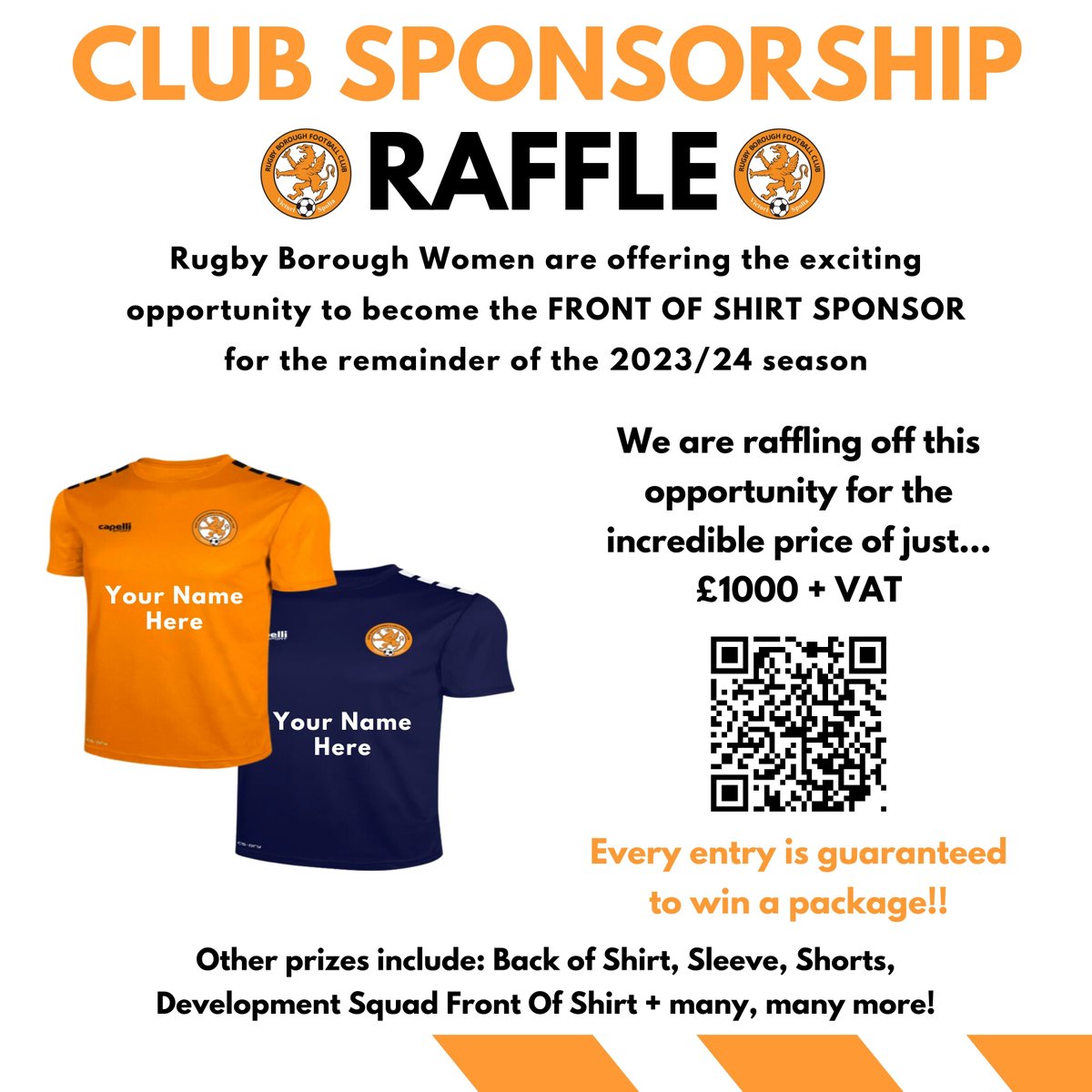 📞 Calling all businesses... 

You have an exciting opportunity to become #RBWFC partners in 2024, as we launch a raffle for businesses and individuals to become our first-team front of shirt sponsor.

Scan the QR code, or follow the link below ⤵️

rugbyboroughfc.co.uk/women/ticket-i…