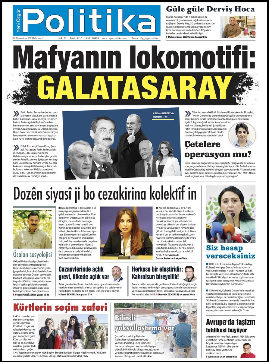 Politik_Azad's tweet photo. Em îro di rûpelê 1´ê yê @ozgur_politika_ de ne. Manşeta me ya li ser nijadperestiya li dijî Kurdan a li Elmanyayê, bû manşeta duyemîn a rojnameyê. @DastanJasim dibêje, dozên siyasî ji bo cezakirina kollektîf in.
https://t.co/H8uZyDqN1d

Alternatîf:
https://t.co/ayMpb1YS73 https://t.co/6a6VoDjs4V