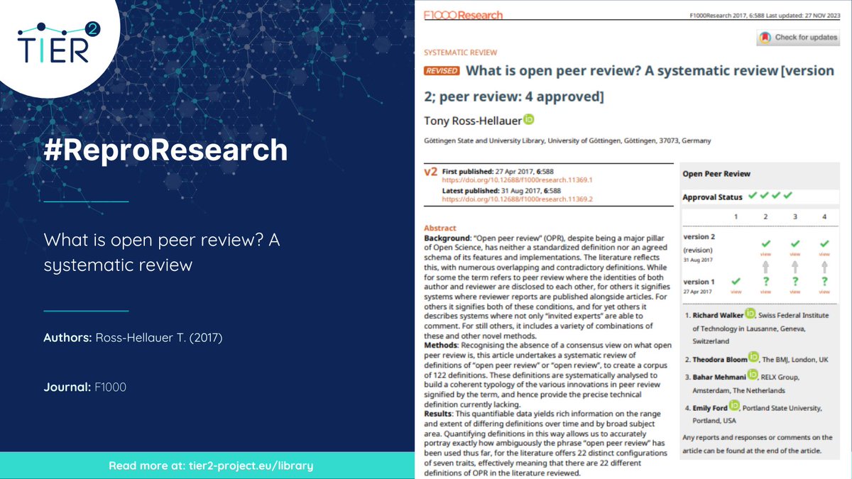 TIER2Project's tweet photo. 🧐In the large pool of definitions of "open peer review", @tonyR_H takes over to create an umbrella term suitable for #OpenScience 👏
👉Find out more on this week's #ReproResearch paper: https://t.co/saRBmo37OT https://t.co/9kuuoPD7oa