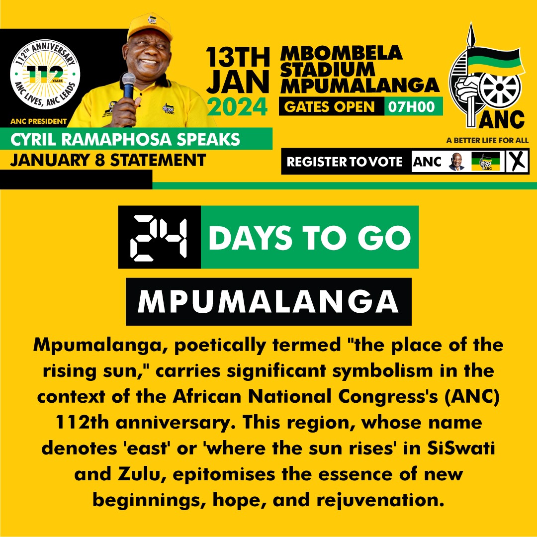The #ANC112 Anniversary Rally will be held in Mpumalanga Province on Saturday, 13 January 2024. Mpumalanga, poetically termed 'the place of the rising sun,' carries significant symbolism in the context of the ANC's 112th Anniversary. It epitomises the essence of a new…