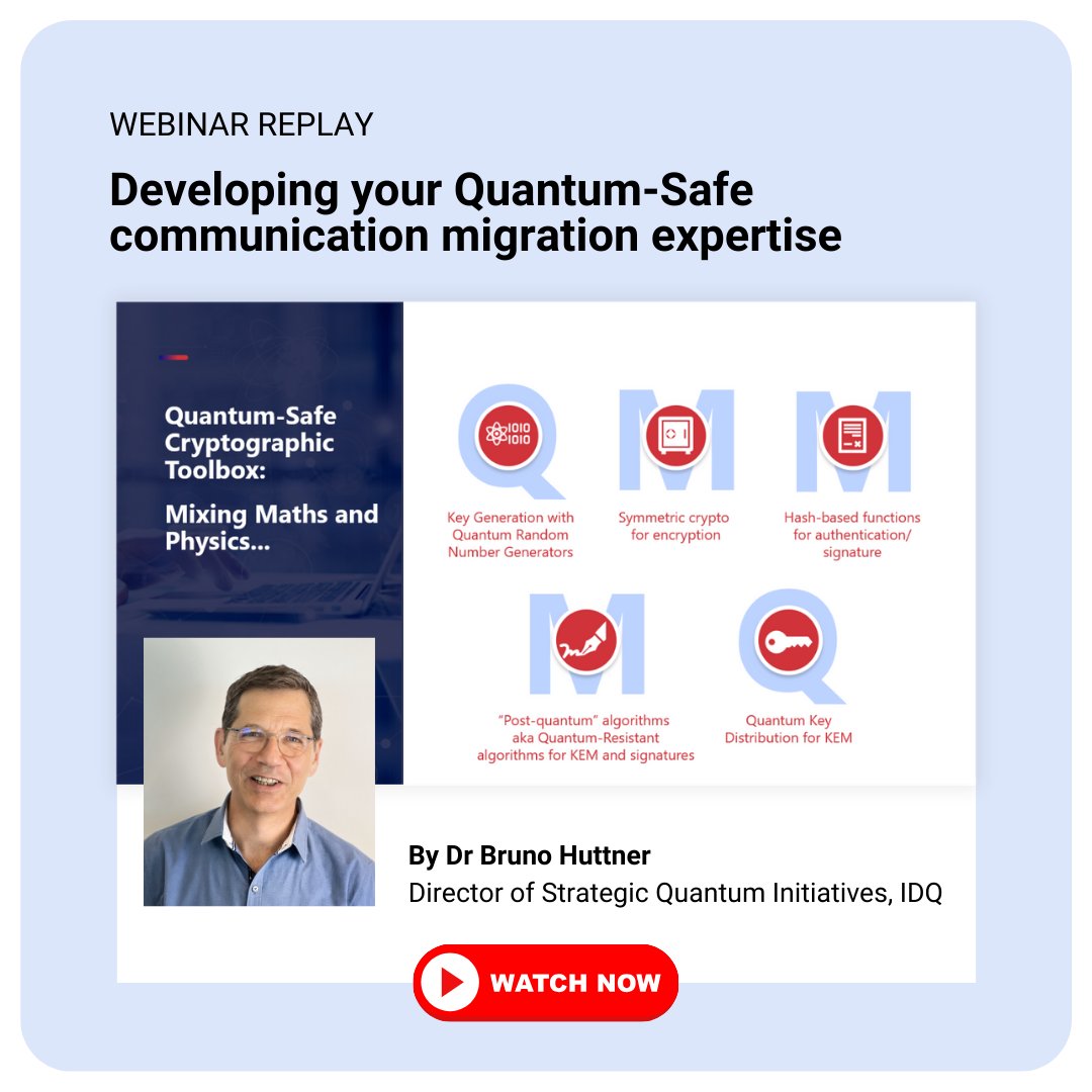ID Quantique (@idquantique) on Twitter photo Last month, Dr Bruno Huttner, our Director of Strategic Quantum Initiatives, delivered a special webinar on how to develop your Quantum-Safe communication migration strategy.
How to deal with the quantum computer threat to cybersecurity?
Watch it here: idquantique.com/quantum-safe-c… Last month, Dr Bruno Huttner, our Director of Strategic Quantum Initiatives, delivered a special webinar on how to develop your Quantum-Safe communication migration strategy.
How to deal with the quantum computer threat to cybersecurity?
Watch it here: idquantique.com/quantum-safe-c…