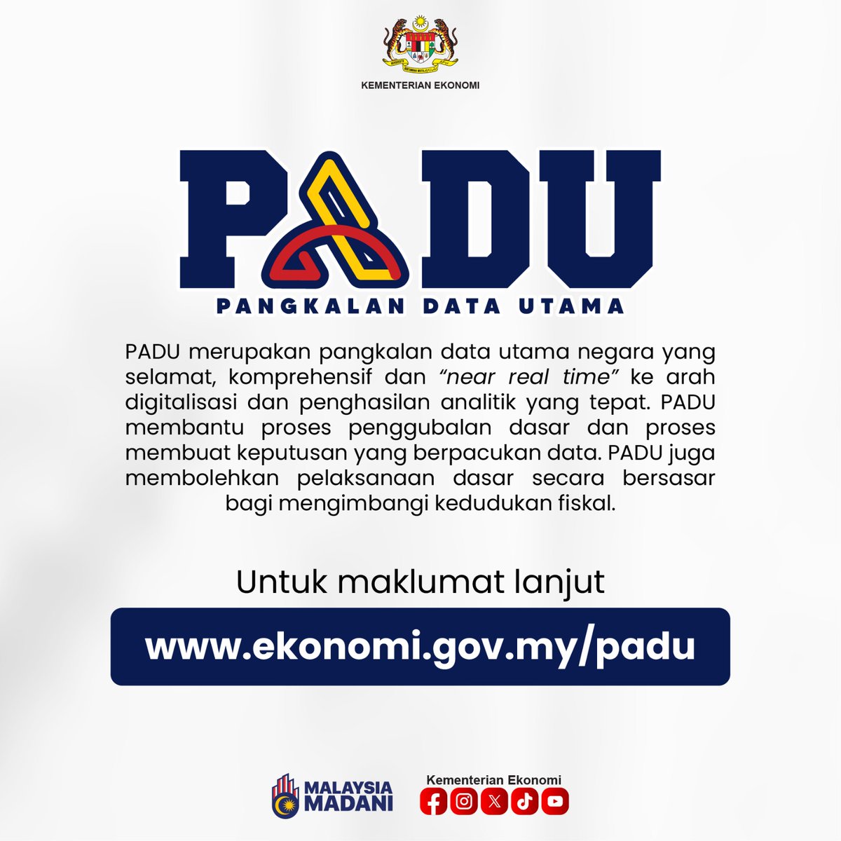 Pastikan daftar PADU supaya hampa yang layak dpt bantuan seperti subsidi bersasar tak tercicir.

Bermula 2 Januari 2024, sistem PADU akan dibuka. Jangan lupa daftar dan kemaskini maklumat hampa nanti.

Maklumat awal tentang PADU? Sila ke ekonomi.gov.my/padu
