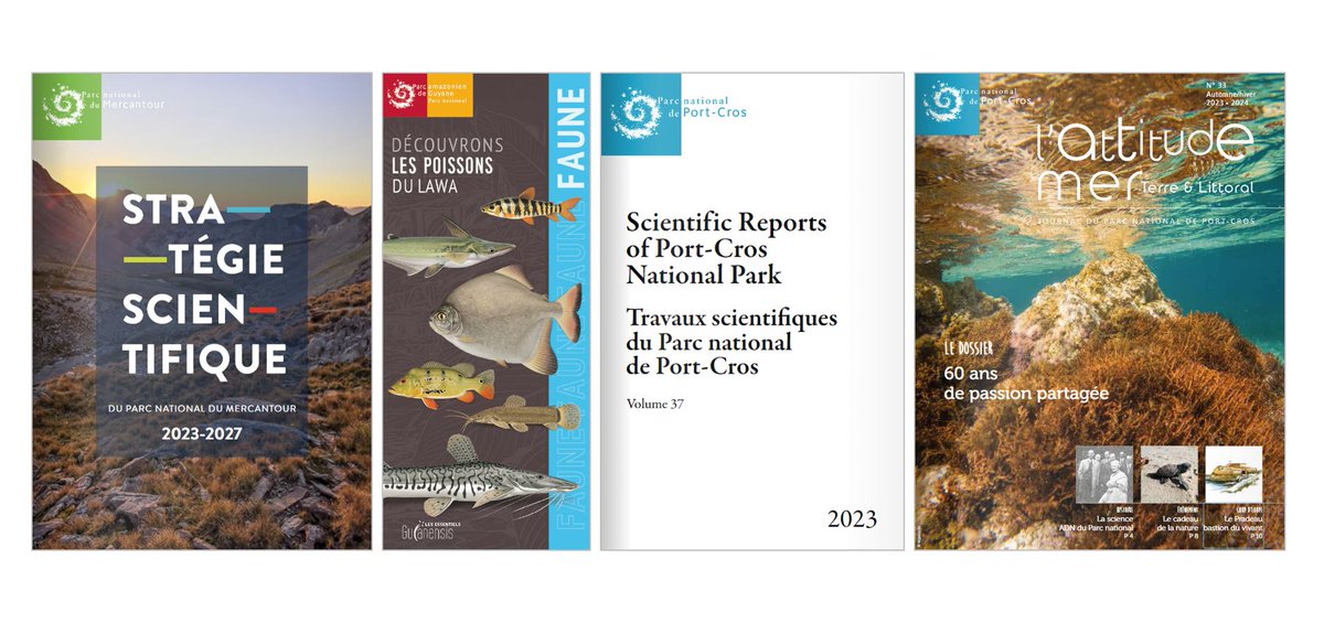 Les dernières publications 📚 des parcs nationaux : les poissons des criques du Parc amazonien de Guyane, la stratégie scientifique du @mercantour, la revue scientifique du Conseil scientifique de @PNPC83, le journal L'attitude mer.