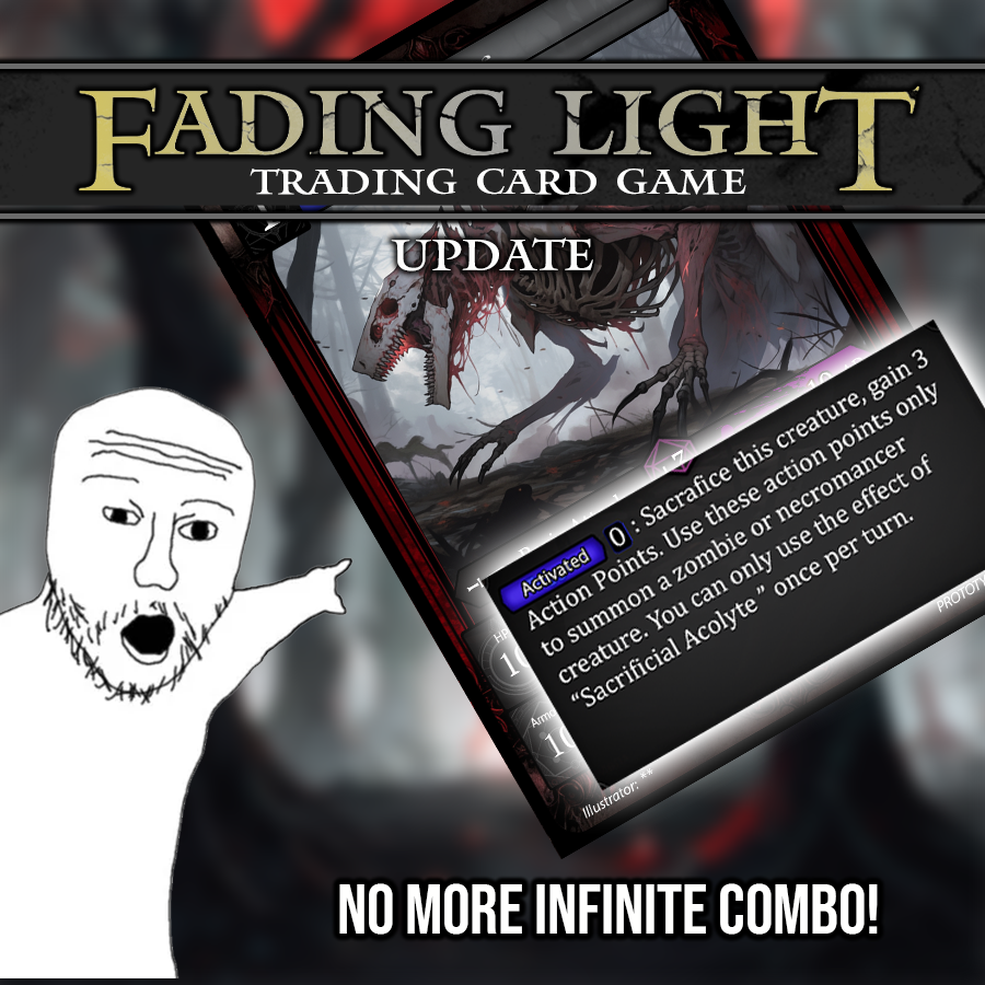 FadingLightTCG's tweet image. To keep the game fun! Our sacrifice doggo got a "once per turn" Nerf!
#TCG #Fadinglight #cardgame