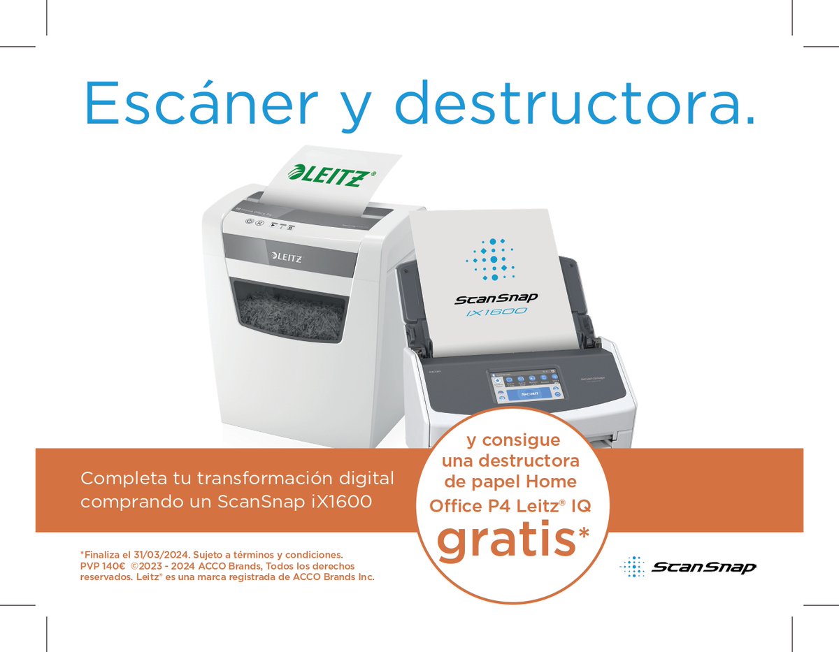 ScanSnapES's tweet photo. ¡Di adiós al desorden con la última promoción ScanSnap! Comprando un escáner ScanSnap iX1600 recibirás una destructora Leitz IQ Home Office P4 de regalo para deshacerte de tus copias físicas de forma segura https://t.co/981QM5DGrN https://t.co/8wRrOa5LW5