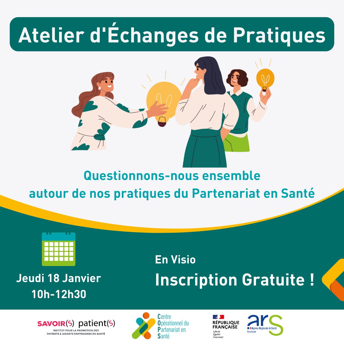 Rejoignez notre atelier en ligne !
Pour tout secteur d'exercice confondu, sans thématique imposée.
Comment ? L'atelier se déroule en visio avec un groupe  de  10 participants
Quand ? 18 janvier de 10h à 12h30
Atelier animé par un professionnel de santé et un patient partenaire.