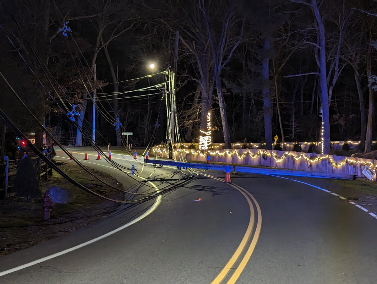 Utility pole and power lines down across Walpole St between Powissett St and Colonial Rd. This section of Walpole St will be closed at least through the morning commute so that <a href="/EversourceMA/">Eversource MA</a> and <a href="/Verizon/">Verizon</a> can work to repair the damage. Detours are in place, please avoid the area.