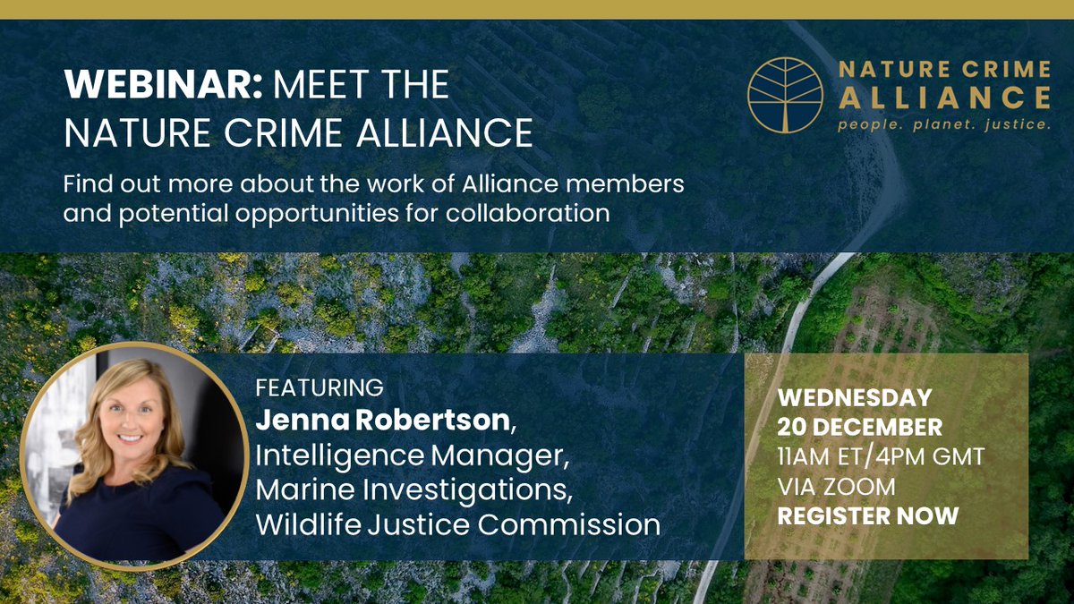 Happening today! 

Jenna Robertson, Intelligence Manager @WJCommission, will explore the convergence of #wildlifecrime with other forms of organised #crime during our 'Meet the Nature Crime Alliance' webinar

Register now: wri.zoom.us/webinar/regist…

#naturecrime #environmentalcrime