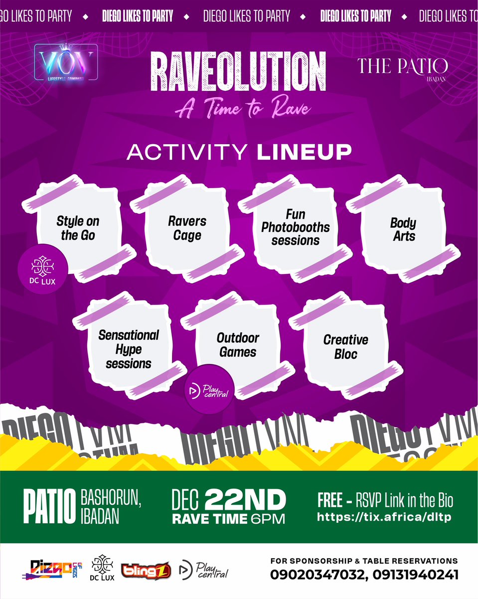 Once Upon a Time A time to Rave 🎉 A time to be Merry 😊 RAVEOLUTION is here , welcome to my world. Diego likes To Party, Do You? Save The Date 💜 RSVP LINK TO ATTEND tix.africa/dltp