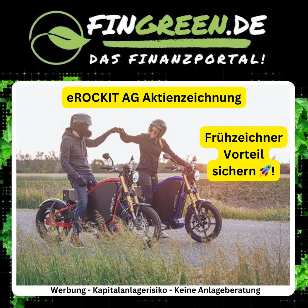 Schnell sein lohnt sich: fingreen.de/erockit-crowd Nachhaltig und mit Frühzeichner Vorteil die #aktie von @eROCKIT_Bike 🏍️ zeichnen. . #Elektromobilitaet #startup #Klimaschutz #Nachhaltigkeit #Deutschland . Hinweis: Kapitalanlagerisiko. Keine Anlageberatung.