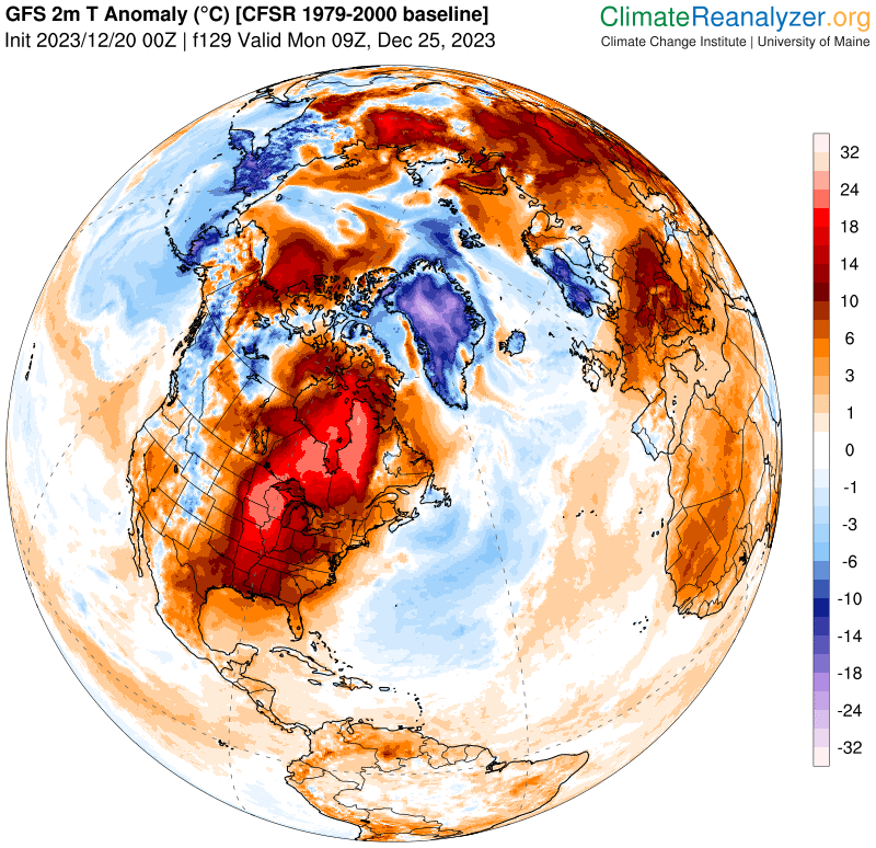 ExtremeMeteo's tweet photo. Impressionnantes anomalies chaudes prévues sur l'hémisphère nord pour le jour de NOËL. Au Canada, les anomalies positives de températures pourraient atteindre les 25°C. Anomalie douce assez importante également en Europe hormis la Scandinavie. L'air le plus froid se cantonne au Groenland. 

Ces anomalies sont "folles" encore une fois et ça devient le quotidien.