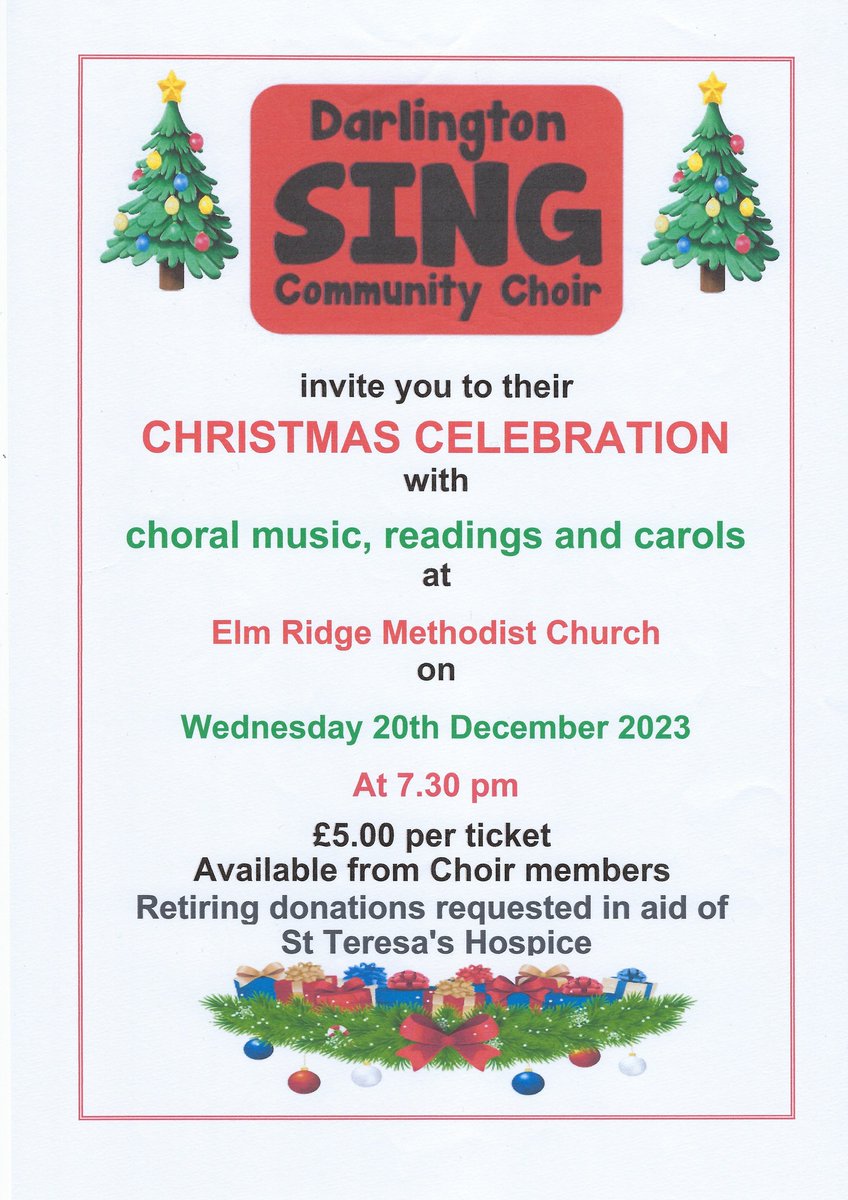🎄 Tonight (Wednesday 20th December), Darlington SING Community Choir invites you to their Christmas celebration 🎶 Expect choral music, reading & carols at Elm Ridge Methodist Church from 7:30pm 🎟️ Tickets are £5, and are available by messaging St Teresa's Hospice on Facebook