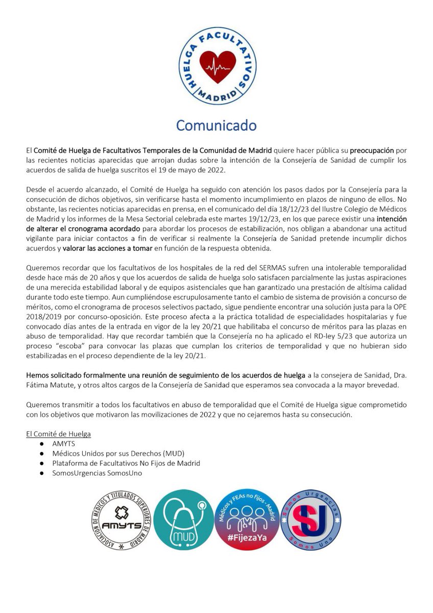 El Comité de Huelga de Facultativos Temporales de la Comunidad de Madrid hace pública su preocupación por las recientes noticias aparecidas que arrojan dudas sobre la intención de la Consejería de Sanidad de cumplir los acuerdos de salida de huelga suscritos el 19 de mayo de 2022