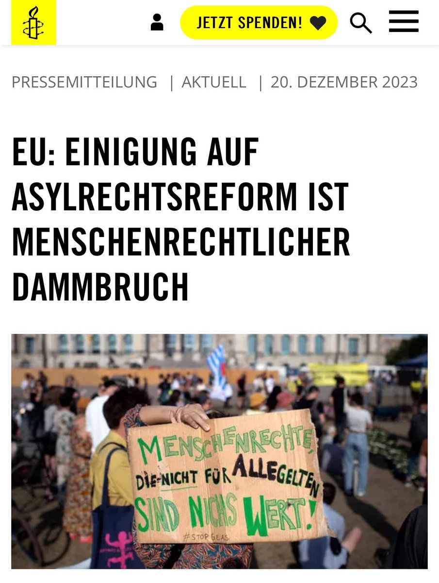 Die heute Morgen getroffene Einigung zum 🇪🇺 #Asylrecht ist ein menschenrechtliches Desaster und macht Rechtlosigkeit an den europäischen Außengrenzen zur Norm. Mehr Haft, mehr Leid, mehr Pushbacks, mehr Gewalt. 
PM von <a href="/amnesty_de/">Amnesty Deutschland</a> 👇🏽
amnesty.de/eu-geas-asylre…
