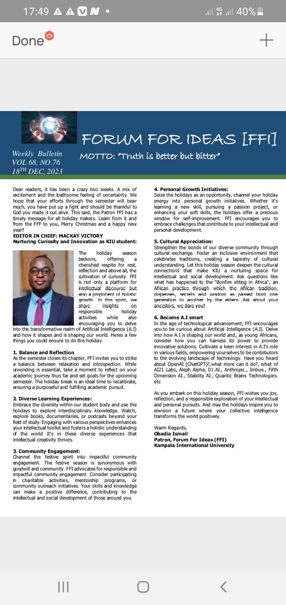 Kiu Forum For Ideas (@forumforideas) on Twitter photo Our weekly bulletin. "Nurturing curiosity and innovation" thank you our Patron Hon. <a href="/ObadiaOtim/">Obadia Ismail Otim</a> <a href="/ForumForIdeas/">Kiu Forum For Ideas</a> is proud of you .
<a href="/kiuvarsity/">Kampala International University</a>
Truth is better though bitter Our weekly bulletin. "Nurturing curiosity and innovation" thank you our Patron Hon. <a href="/ObadiaOtim/">Obadia Ismail Otim</a> <a href="/ForumForIdeas/">Kiu Forum For Ideas</a> is proud of you .
<a href="/kiuvarsity/">Kampala International University</a>
Truth is better though bitter