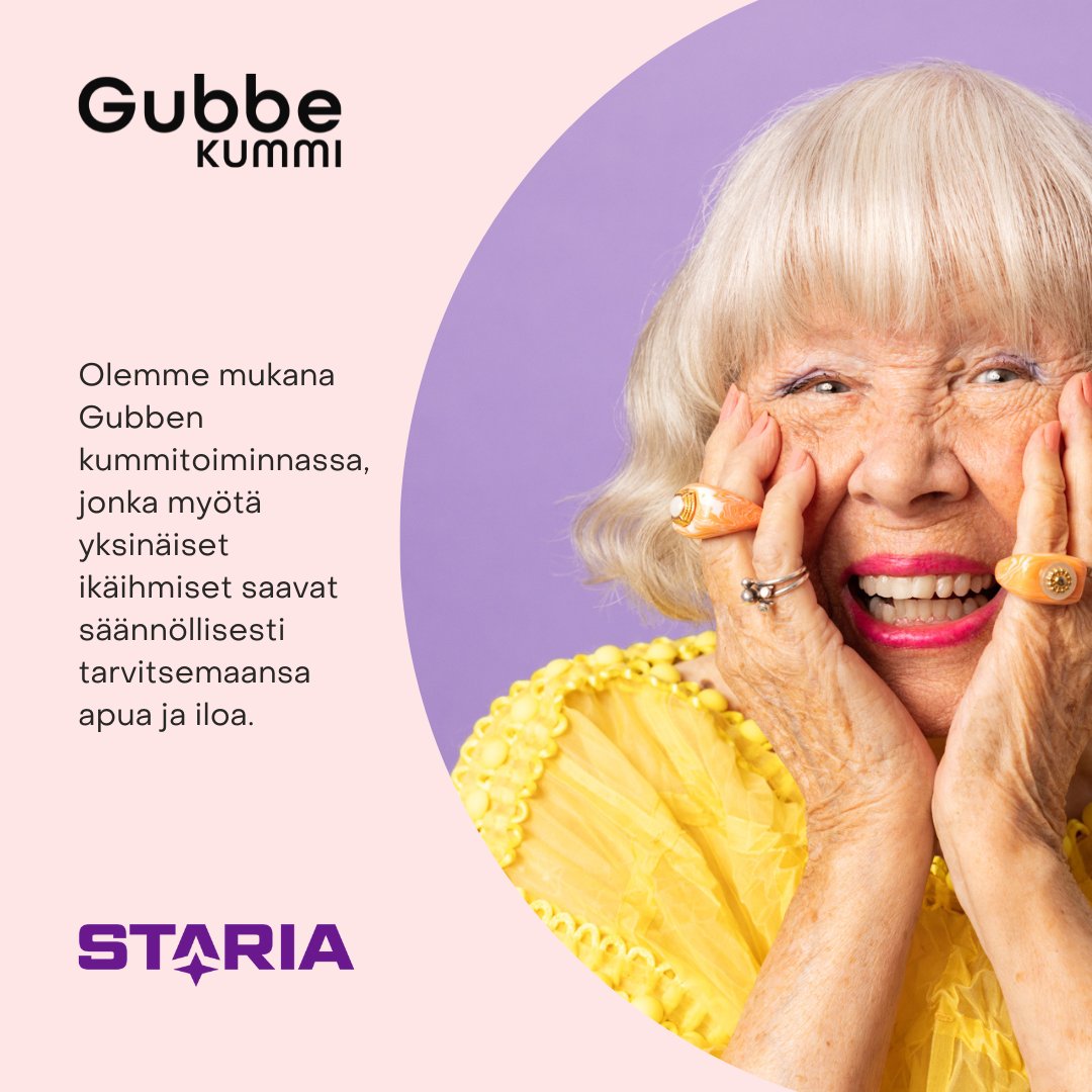 Loistavia uutisia, Staria jatkaa Gubbe-kummina!😍
”Haluamme Starialla olla osaltamme mahdollistamassa merkityksellisiä hetkiä ikääntyville sukupolville. Vanhusten yksinäisyys on suuri ongelma, joka vaatii uudenlaisia toimintamalleja.” 
Teette tärkeää työtä kanssamme!