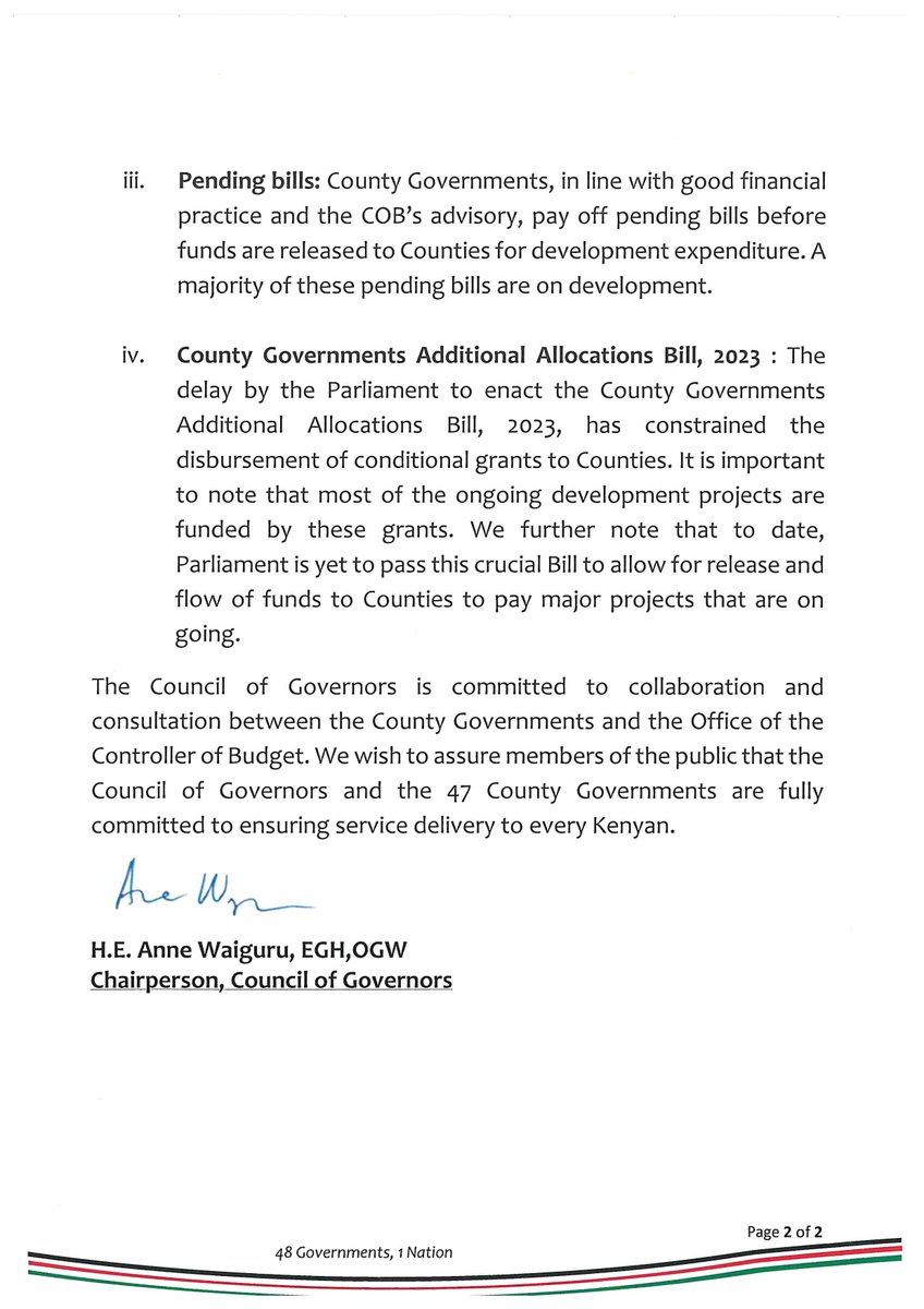 COG attention is drawn to articles published in the dailies on @CoB_Kenya Q1 report that alleges that some county governments did not spend any money on development. We assure the public that County Gov'ts are committed to ensuring service delivery to every Kenyan-@AnneWaiguru