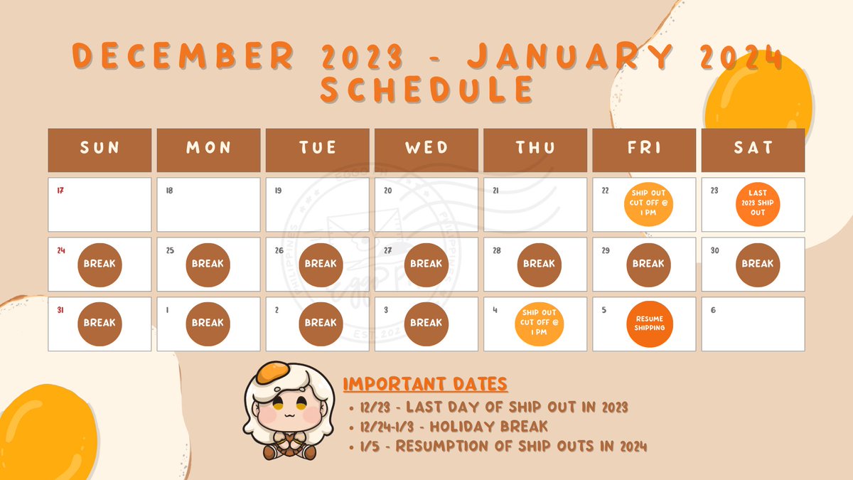 eggoph's tweet photo. Holiday Schedule 2023
#eggophUpdates
Hello from Eggo! While already mentioned in our ship out form, here's our sched for the remainder of the holidays!
✨Replies & posts will be minimal during the break
❗Any forms submitted after the cut off will be shipped in Jan 2024
1/2 https://t.co/J8LIv966hh