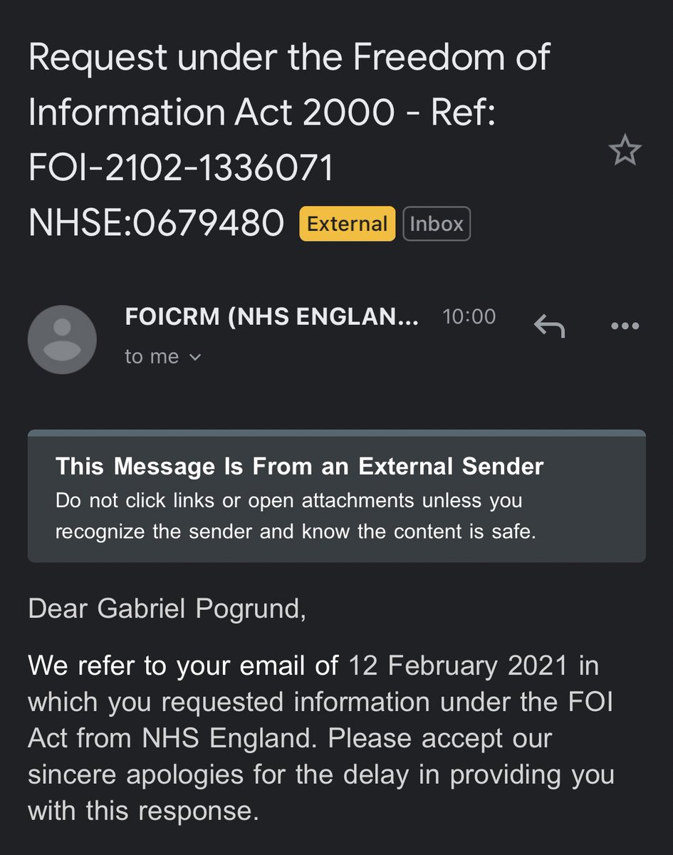 Just received a response from NHS England to an FOI filed on 12 Feb 2021 — more than 1,000 days ago. Under law the deadline is 20 working days. It’s a joke public funds are squandered administering a system like this and serves literally no benefit to journalists or the public.