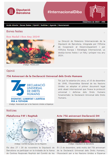 intdiba's tweet photo. 🆕Ja és aquí el darrer butlletí #InternacionalDiba de 2023: l'edició desembre🎄!
🌐Abordem el 7⃣5⃣è aniversari de la Declaració Universal de #DretsHumans amb @OctavidelaVarga
📲I molts altres temes #RegHub #EqualMED #FestivalGlobal #Europa #Cooperació... https://t.co/ZL6TZAjTpT https://t.co/iqQvcCGE8W