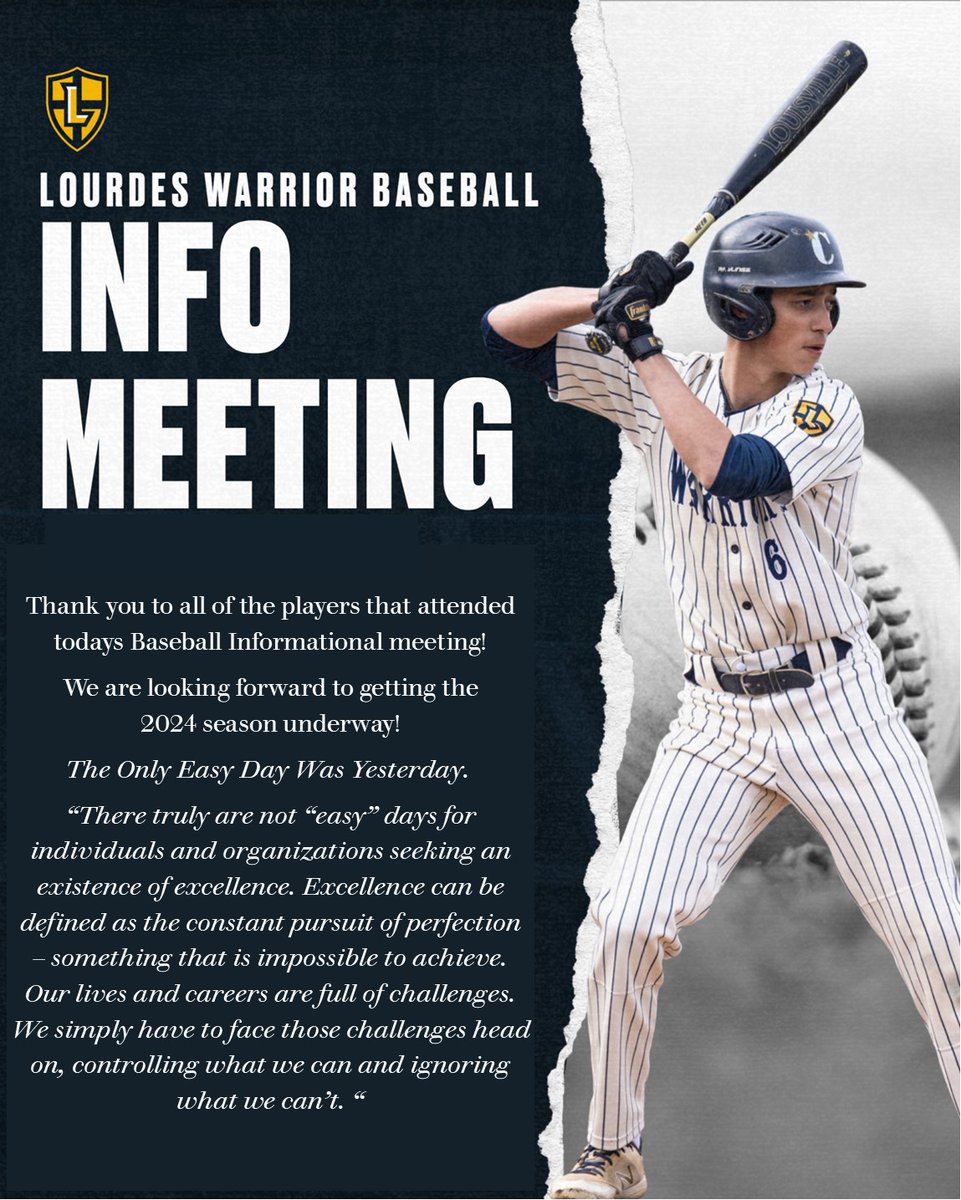 'Let the journey begin.' In < 3 weeks, the Lourdes Baseball 2024 campaign will rev up with our winter clinics. The Lourdes staff will provide skills training & instruction. Brush up on your skills before the season starts! Open to all that are interested in spring baseball.