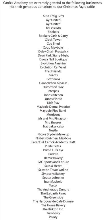 Carrick_Academy's tweet photo. Once again, we would like to thank all of the companies and people who contributed to the success of our Christmas Fayre. https://t.co/UlrqeRhDJP