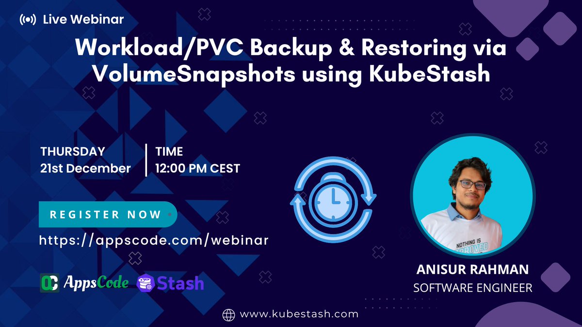 KubeStash's tweet photo. Due to unforeseen circumstances, we regret to inform you that our webinar on "Workload/PVC Backup &amp; Restoring via VolumeSnapshots using KubeStash" scheduled for today, has been rescheduled to tomorrow. We apologize for any inconvenience caused. https://t.co/4UyP7b20yH