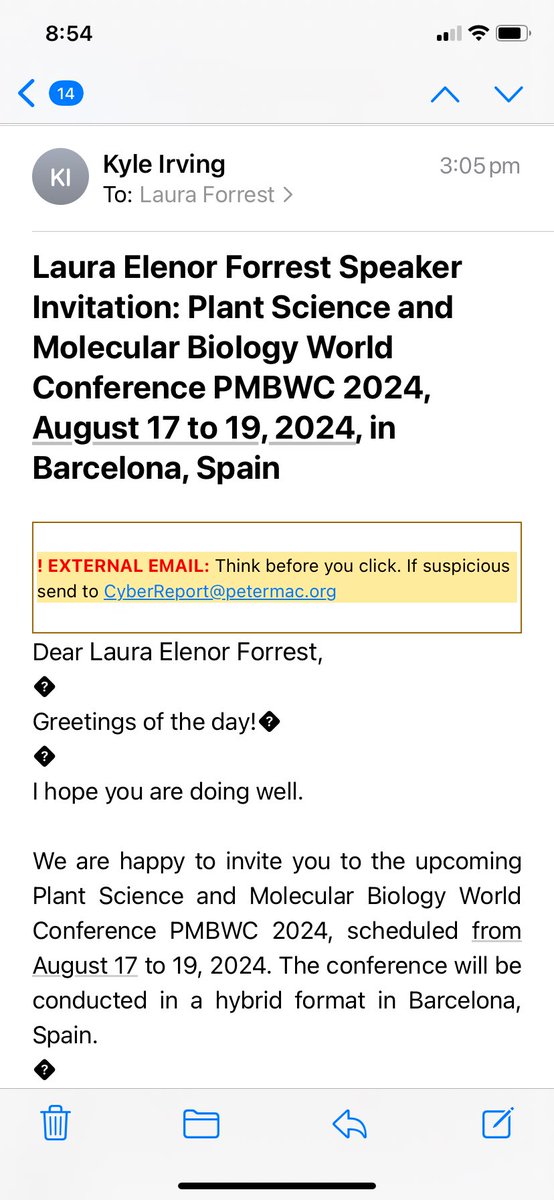 A/Prof Laura Forrest PhD (@leforrest) on Twitter photo A laughable “greetings of the day” email…
It’s fair to say that 🪴 plant 🌱 science is not my forte.
My closest appreciation of plant sciences are liquids distilled from juniper berries and fermented 🍇
#predatoryconferences
<a href="/AcademicChatter/">Academic Chatter™</a>
publicationethics.org/predatory-publ… A laughable “greetings of the day” email…
It’s fair to say that 🪴 plant 🌱 science is not my forte.
My closest appreciation of plant sciences are liquids distilled from juniper berries and fermented 🍇
#predatoryconferences
<a href="/AcademicChatter/">Academic Chatter™</a>
publicationethics.org/predatory-publ…