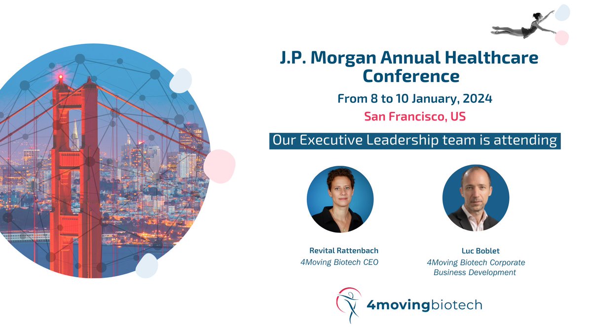 4Moving Biotech (@4moving_biotech) on Twitter photo We are excited to be part of the 42nd Annual #JPMweek in San Francisco, US, from 8 to 10 January, 2024. Our CEO <a href="/rrattenbach/">Revital Rattenbach</a> and 4Moving Biotech Corporate Business Development, Luc Boblet are delighted to connect with you in person at the event.
#biotech #pharma #4P004 #GLP1 We are excited to be part of the 42nd Annual #JPMweek in San Francisco, US, from 8 to 10 January, 2024. Our CEO <a href="/rrattenbach/">Revital Rattenbach</a> and 4Moving Biotech Corporate Business Development, Luc Boblet are delighted to connect with you in person at the event.
#biotech #pharma #4P004 #GLP1