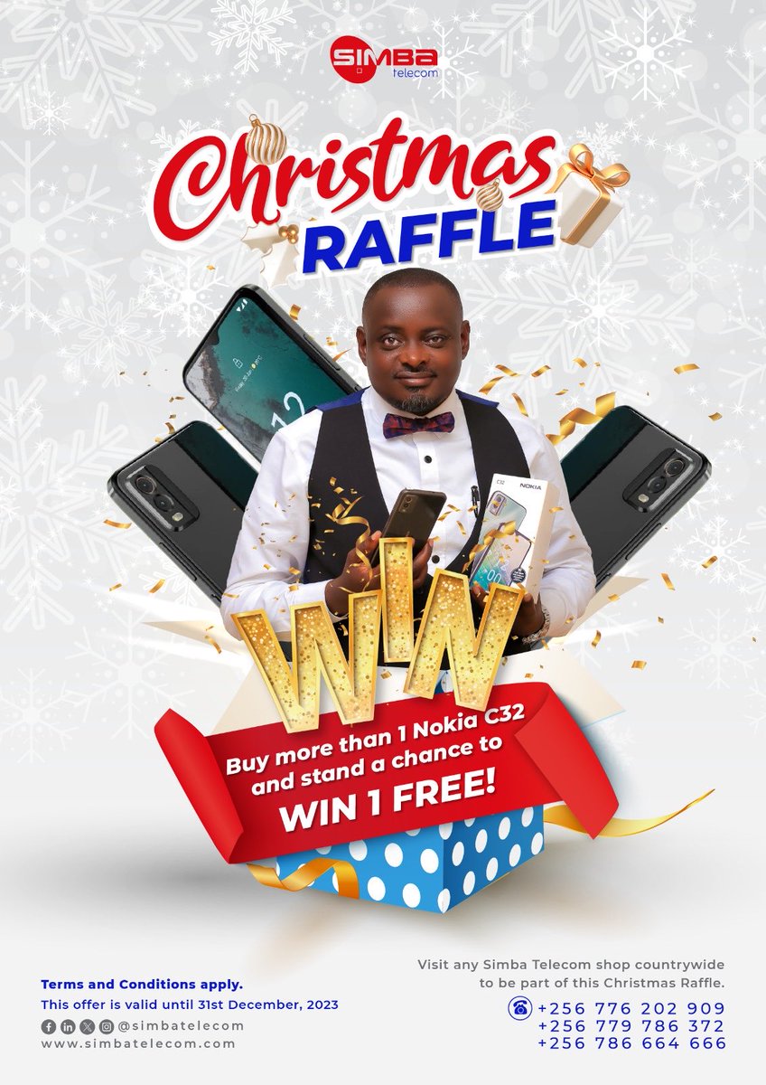 WIN WITH #SimbaTelecom 🥳🎉

📌 visit any of our shops in Western & South Western Uganda

📌 Purchase a phone and enter a raffle draw 

📌 The more you purchase, the higher the chances to win a brand new smart phone with 
@Kachaina1

Terms & conditions apply

#FestiveSeason