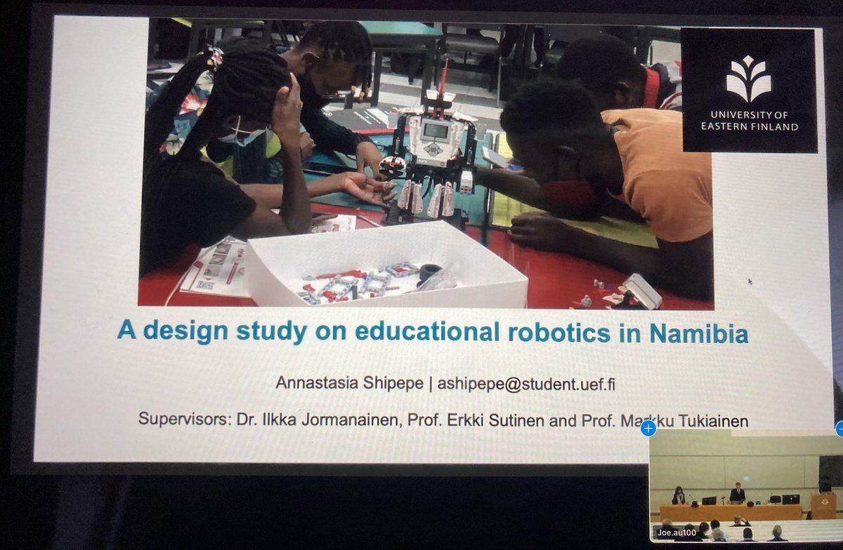 UEF_GlobalDev's tweet photo. MSc Annastasia Shipepe @UniEastFinland defending her doctoral dissertation on educational robotics in Namibia. @UefDigs @GINTL21 @ilkka_j https://t.co/iWQJTbBh86