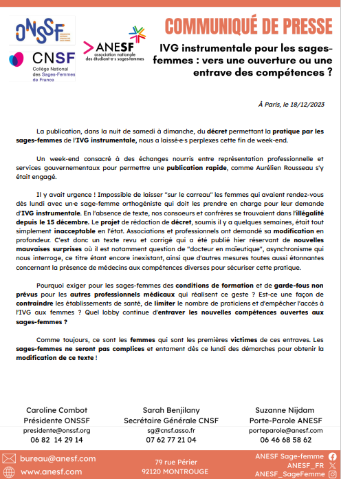 Coll_SageFemme's tweet photo. ⚠COMMUNIQUE DE PRESSE IVG INSTRUMENTALE POUR LES SAGES-FEMMES : VERS UNE OUVERTURE OU UNE ENTRAVE DES COMPETENCES ?

Diffusé suite au décret sur l'autorisation de réalisation de l'IVG instrumentale par les sages-femmes.

🤬 Un texte honteux qui piétine la loi du 2 mars 2022 ! https://t.co/Dv0cbR8vbW