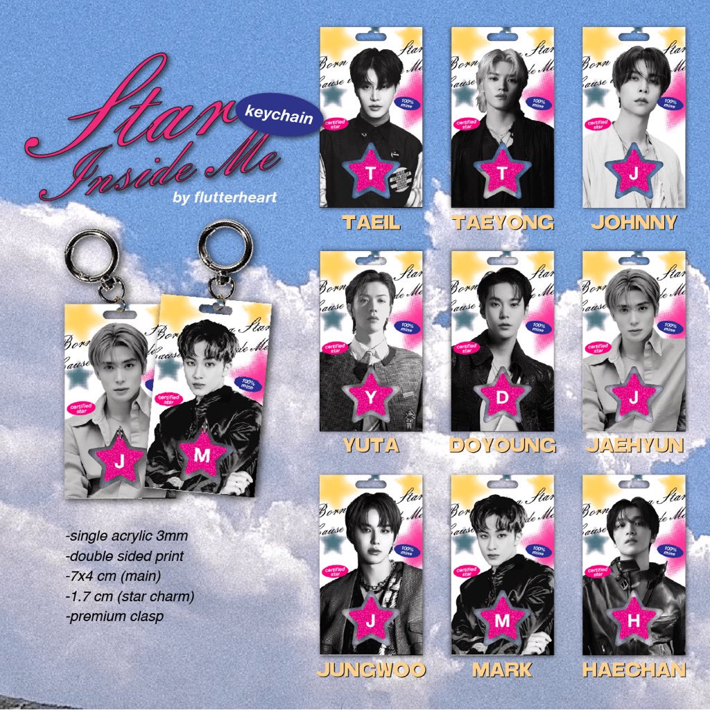 ✮ STAR INSIDE ME KEYCHAIN ✮
by flutterheart

♥ Single 3mm acrylic
♥Double side print
♥ 7x4 cm (main)
♥ 1,7 cm (star charm)
♥ Premium clasp
♥ Available NCT 127

link :
shope.ee/VgwdG41Ig