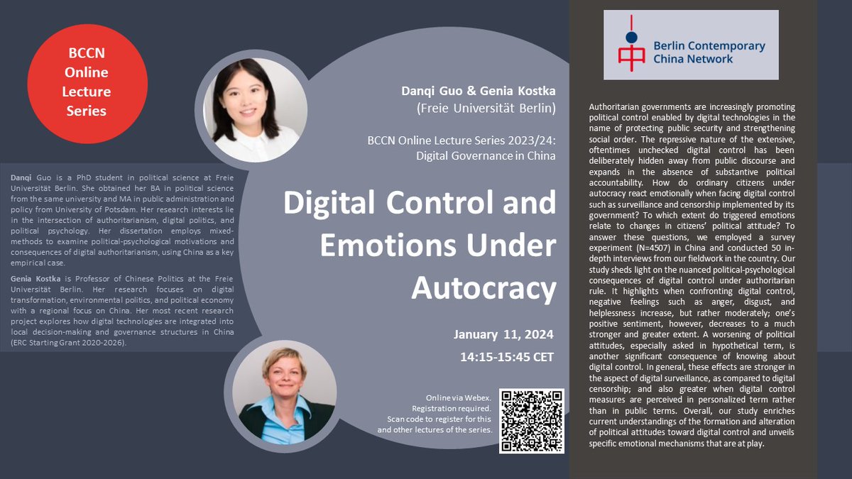 Genia Kostka (@genia_kostka) on Twitter photo Join our next <a href="/BerlinBCCN/">Berlin Contemporary China Network (BCCN)</a> event on Jan 11 to discuss how digital control and surveillance affect citizens' emotions in China. Register here: fu-berlin.webex.com/webappng/sites… Join our next <a href="/BerlinBCCN/">Berlin Contemporary China Network (BCCN)</a> event on Jan 11 to discuss how digital control and surveillance affect citizens' emotions in China. Register here: fu-berlin.webex.com/webappng/sites…