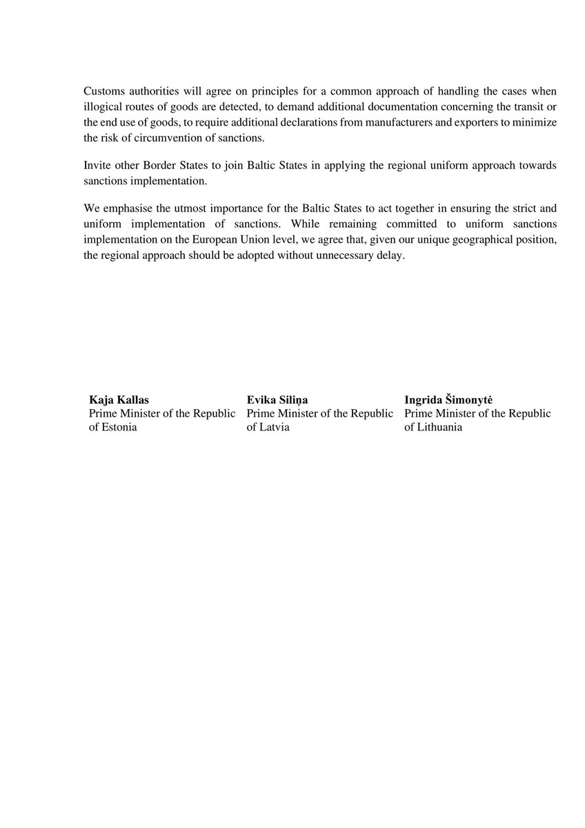 Today we, PM's of 🇱🇹, 🇪🇪 and 🇱🇻, signed a joint declaration pledging to ensure cohesive, strict &amp; uniform regional EU sanctions implementation on the aggressor Russia &amp; its ally Belarus. Sanctions do hurt Russia, despite its disinformation working full-steam to convince the