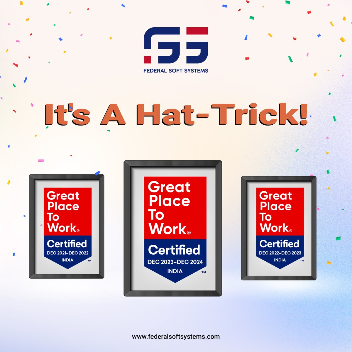 We are delighted to announce our third consecutive certification by @GPTW_India  This remarkable achievement over the past three years underscores our commitment to fostering an exceptional workplace environment. 

#federalsoftsystems #gptw #gptw2023 #gptw2024 #greatplacetowork