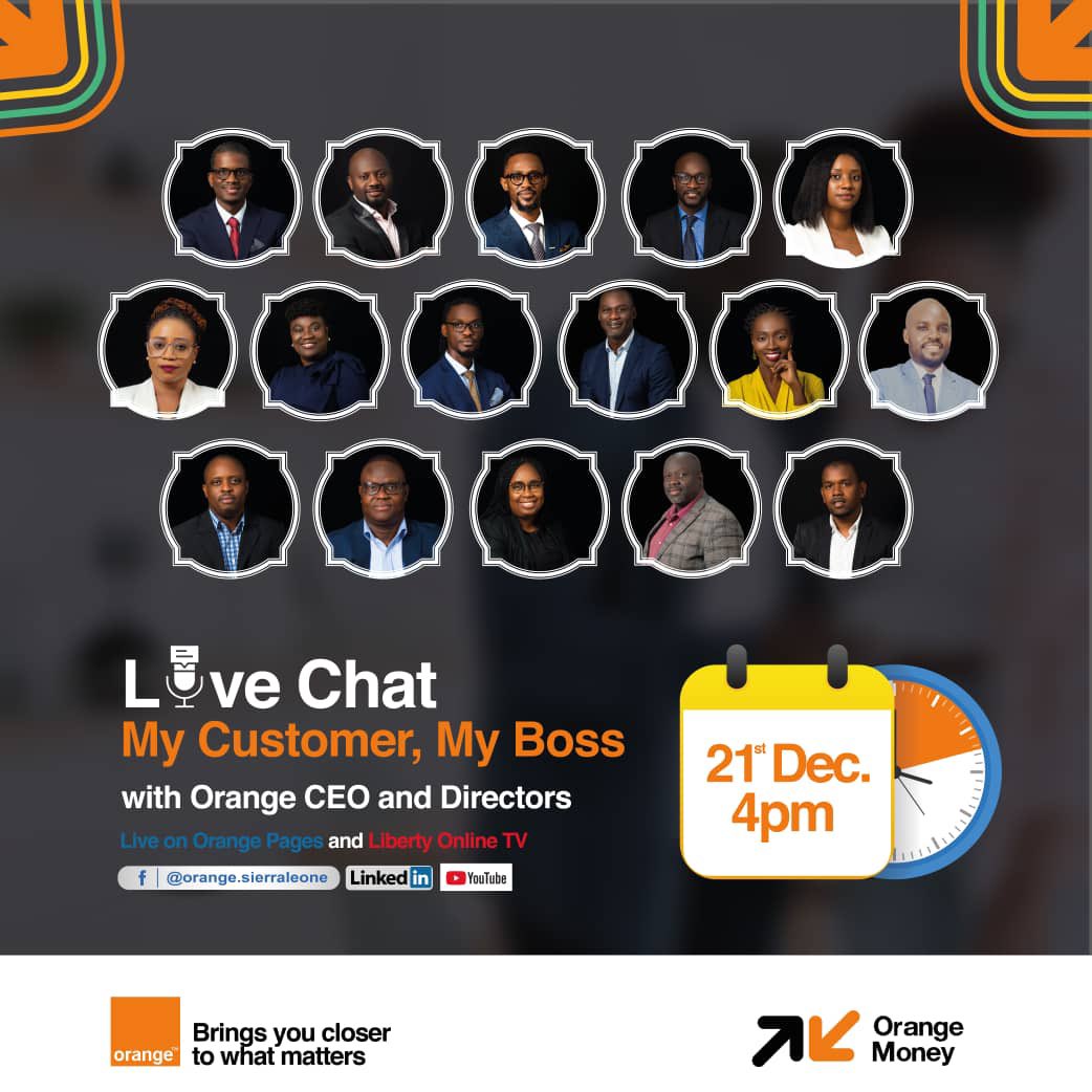 LibertyOnlineTV's tweet photo. Our headline sponsor, @Orange_sierra , will have a live chat with their customers. Kindly join the livestream on our Facebook page and YouTube channel tomorrow, 21st December 2023, at 4:00 p.m. and be part of this engagement.
#libertyonlinetv
#inlusive
#fearless
#FREE https://t.co/TXjVZYlna1