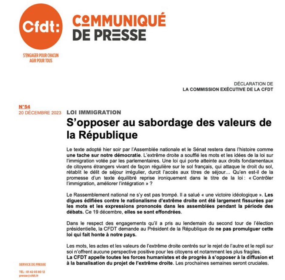 bealestic's tweet photo. La @CFDT demande à @EmmanuelMacron de ne pas promulger la loi #Immigration qui est un sabordage des valeurs de la République https://t.co/H5D68Z9uc4