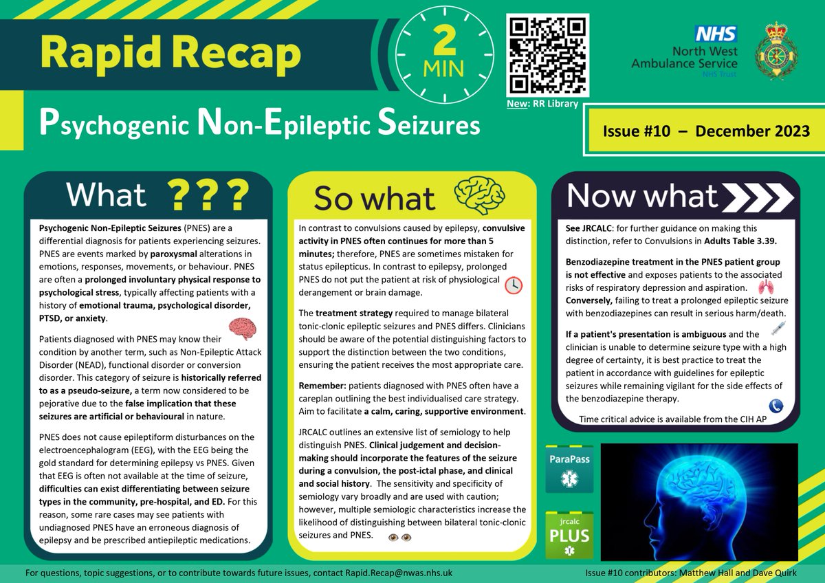 🚨🚑December's #RapidRecap looks at Psychogenic Non-Epileptic Seizures #PNES, helping us move past the historical pejorative term "pseudo-seizures".  Distinguishing between epileptic seizures and PNES is often challenging and with caution - see #JRCALC for further guidance. 🚑🚨