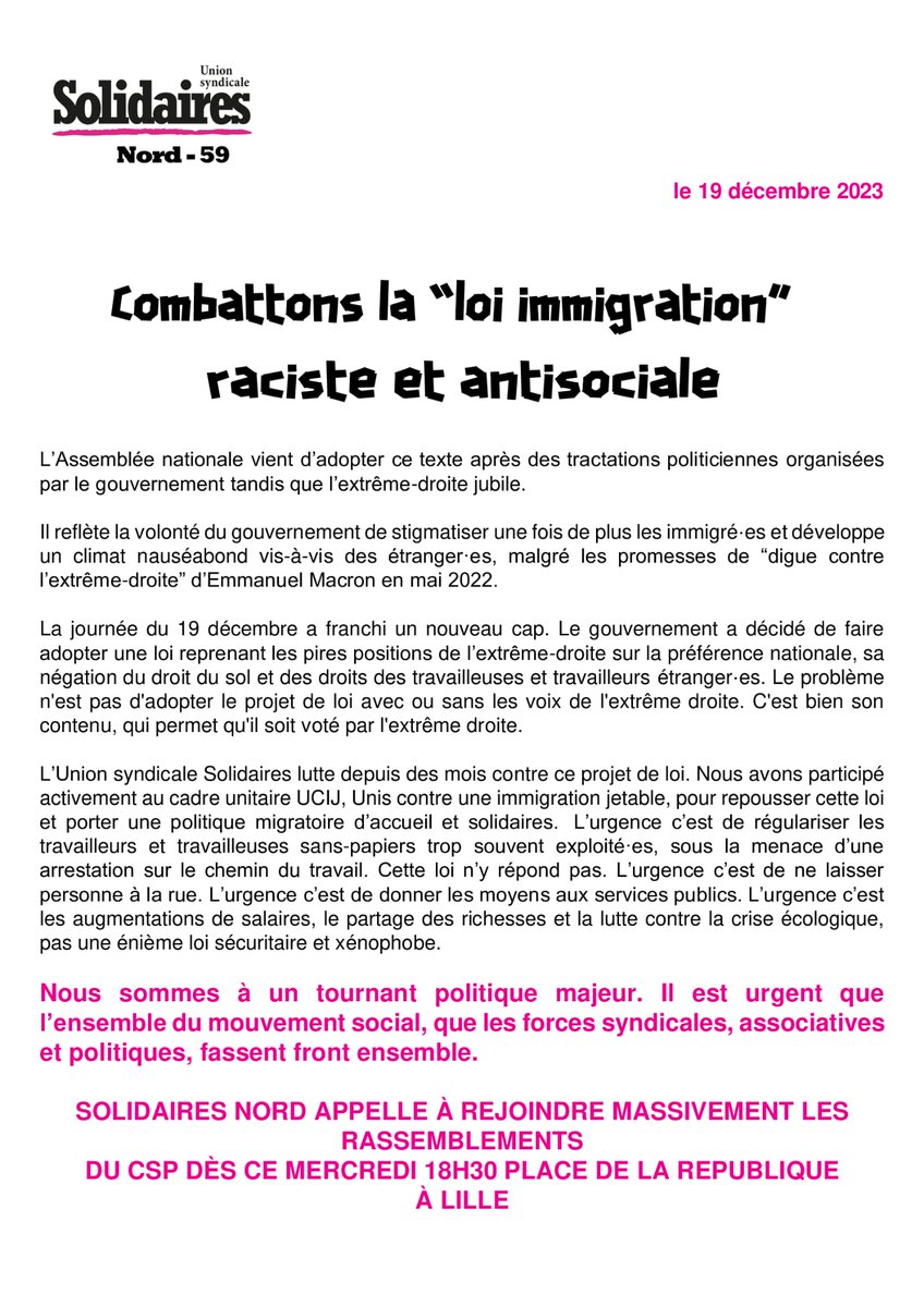 Communiqué de solidaires 59 sur la situation actuelle