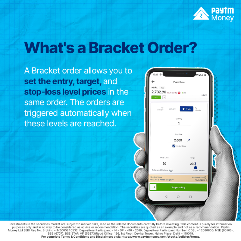 PaytmMoney's tweet photo. Worry about your daily online food orders, not your trade orders!
Invest in peace by just placing a #BracketOrder on the app to get the target profit locked in or engage in better risk management depending on price movements.
#PaytmMoney #MinimizeRisk #AutomatedTrading #Trade