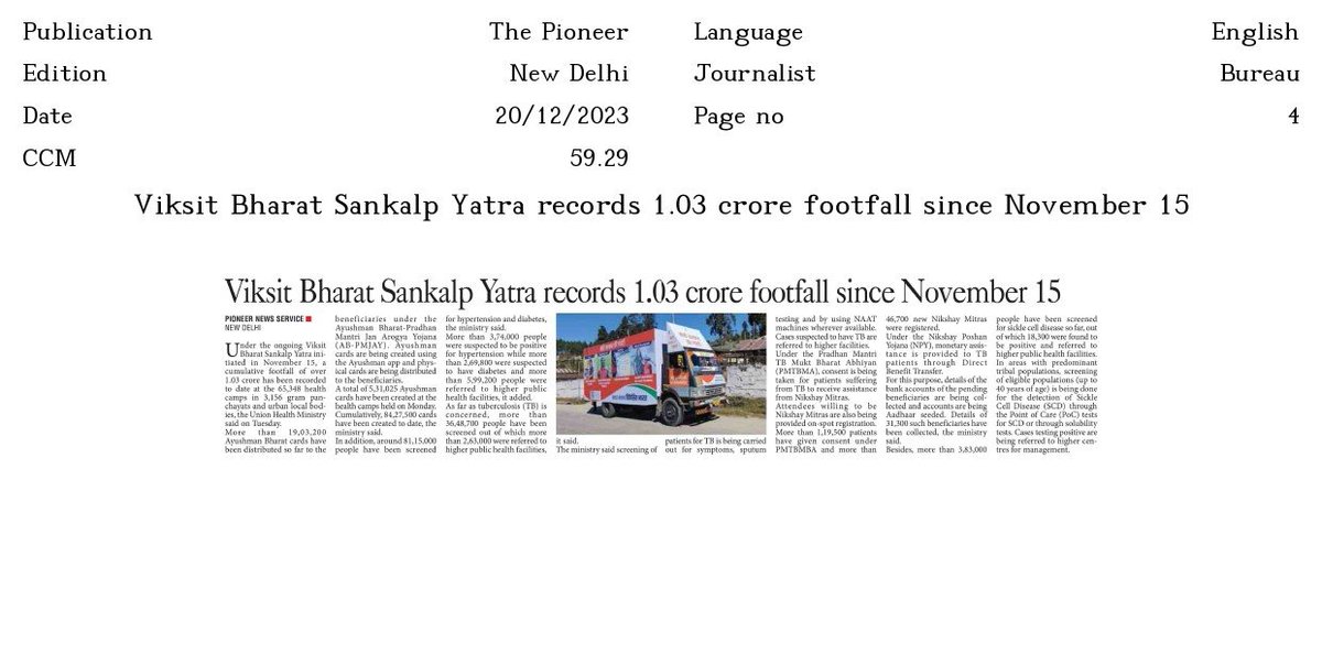 Under the ongoing #ViksitBharatSankalpYatra the cumulative footfall has reached 1,03,55,555 in 65,348 #Health Camps conducted in 3,156 #GramPanchayats and #UrbanLocalBodies. More than 84 Lakh #Ayushman Cards created at the Health Camps.

#VBSY #HSVB2047
#HamaraSankalpViksitBharat