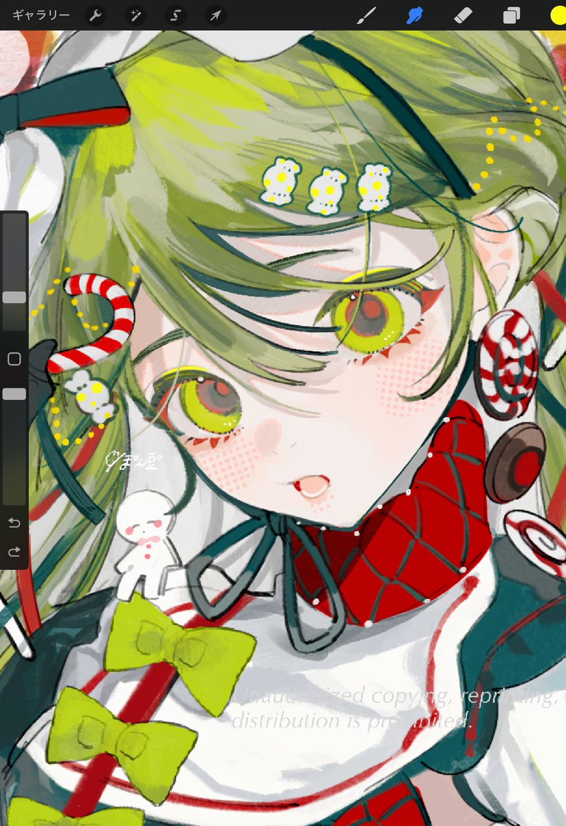 1girl green hair solo candy cane food candy green bow  illustration images