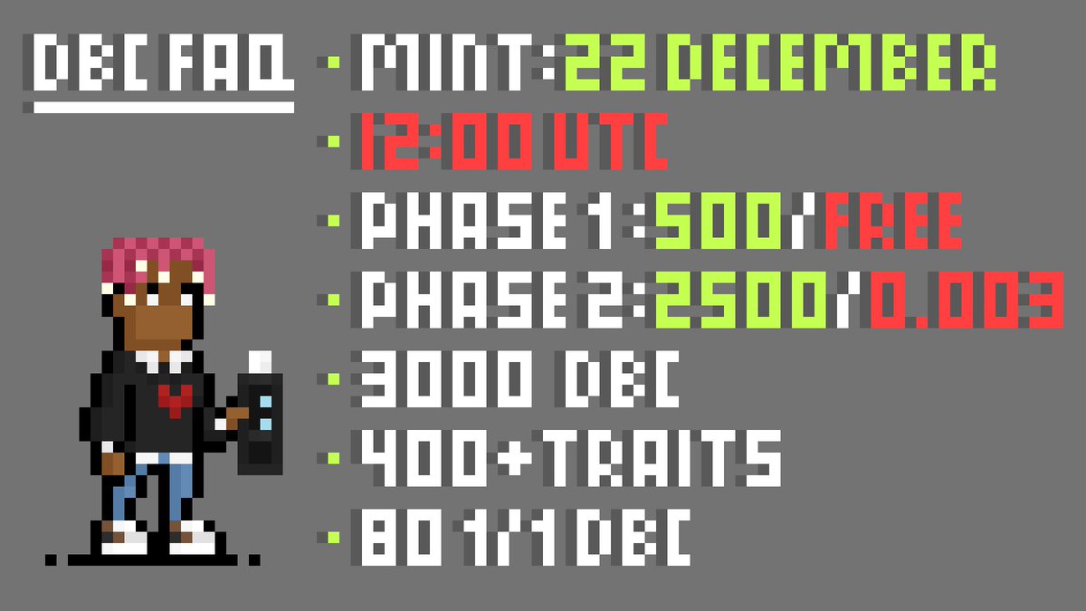 🖤💜DEGEN BOYZ CLUB💜🖤

💫3000 DBC 

🎨400+ Traits 

‼️NO WL‼️

✨Phase #1: Lucky Degen-500/FREE 

✨Phase#2: Public Sale-2500/0.003 

Follow <a href="/OGDEGENBOYZCLUB/">DEGEN BOYZ CLUB</a> for news

#DBC #nft #nftart #web3