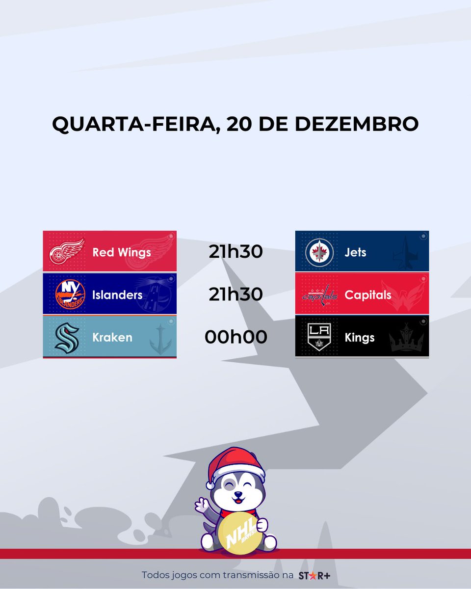 NHLBrasil's tweet photo. 🚨 JOGOS DO DIA 🚨

Com o @StickyMascote já em clima de Natal, a NHL volta nesta quarta com apenas 3 jogos, e com Islanders e Capitals disputando posição

#BrasilTemNHL https://t.co/7sjs7r9yUC