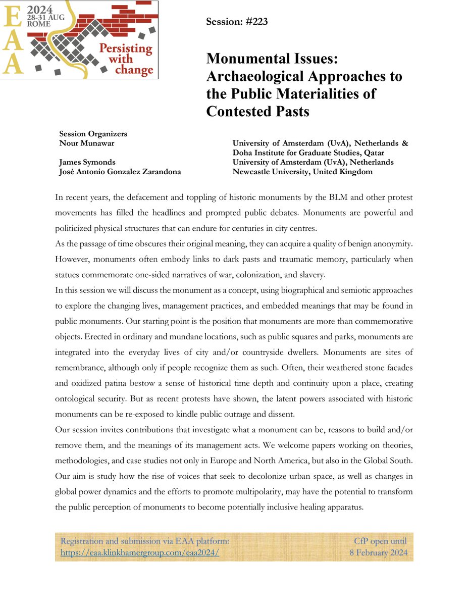 Call for Papers | EAA2024 | Session #223

I am organizing a session together with James Symonds and José Antonio González Zarandona, on Monuments <a href="/archaeologyEAA/">European Association of Archaeologists</a> 2024, to be held in Rome between August 28 - 31, 2024.

Abstract submission before February 8, 2024