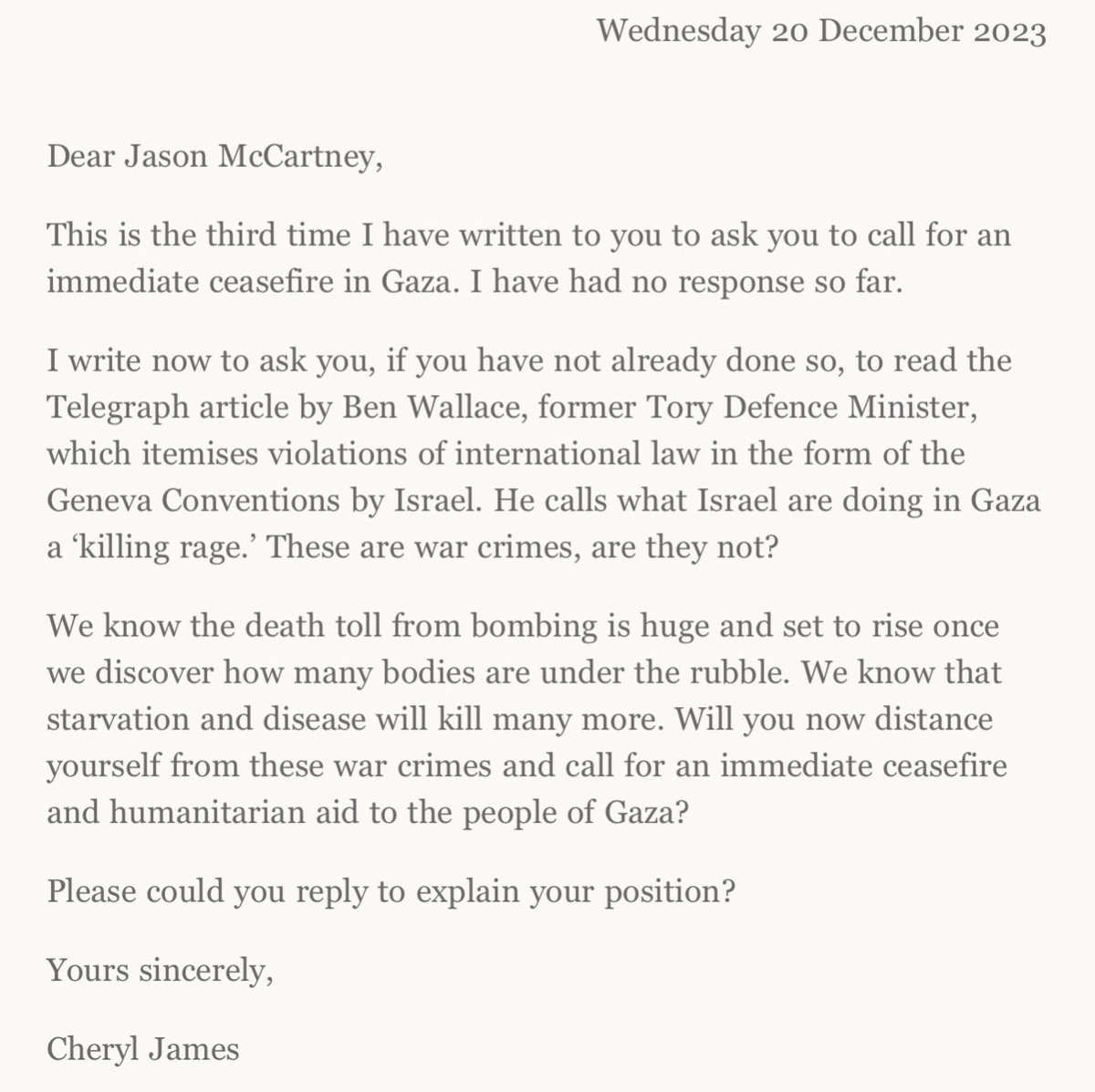 Third letter to my MP, asking for him to call for a ceasefire in Gaza. Still awaiting a response.